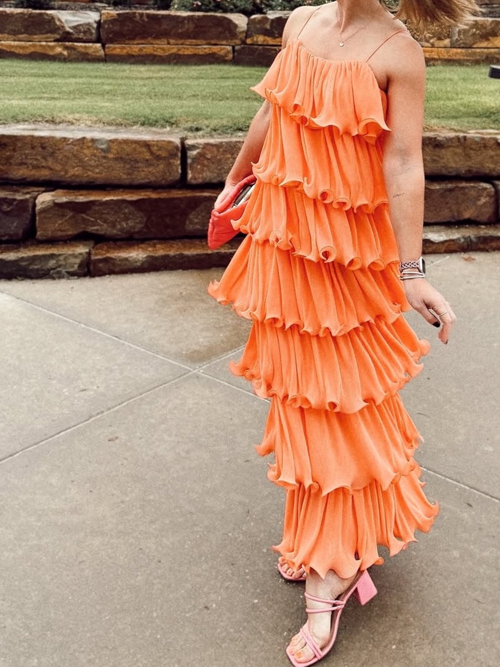 Vici Coral Orange Tiered Ruffle Maxi Dress
